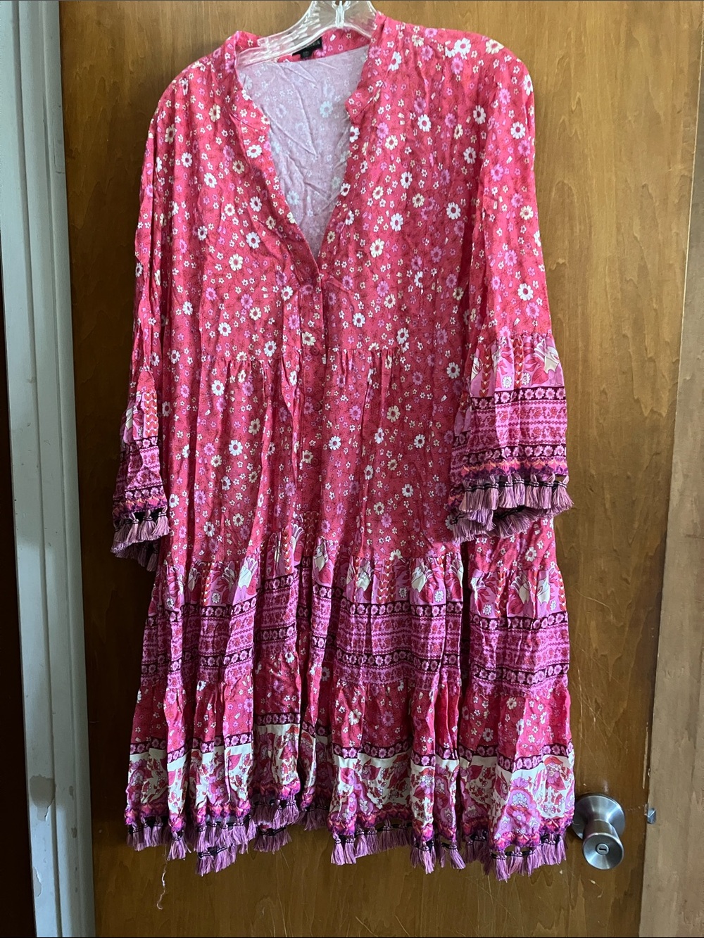 Coco + Carmen XXL Pink Fringed Floral Dress Tiered Boho Beach Cruise